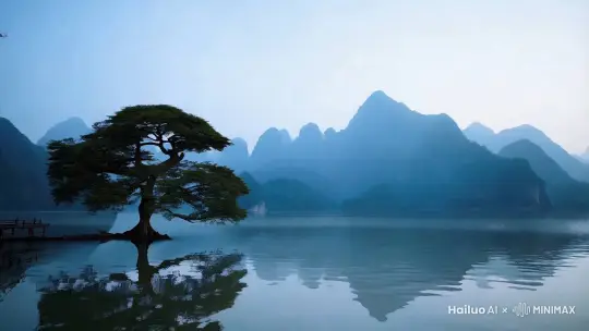 中国风意境山水，色调偏冷，山和水，一棵树再睡水岸上，整体简洁大气，镜头缓慢推进 by Hailuo AI Video Generator