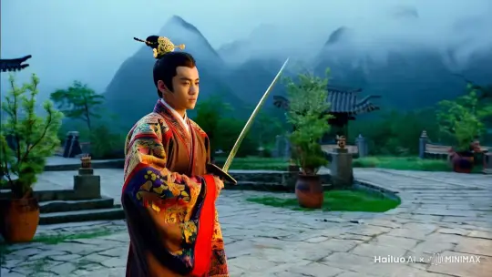 随着镜头的拉近，一位身着华丽仙袍的中国古装少年出现在画面中。他面容俊朗，眼神坚定，手中握着一柄闪烁着寒光的长剑。 by Hailuo AI Video Generator