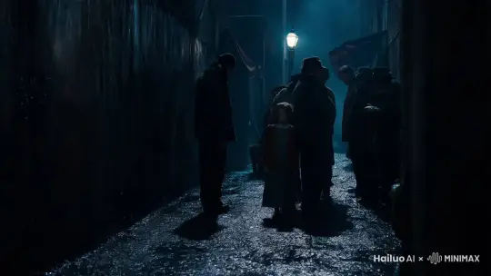 一个昏暗的巷子中，小女孩儿被一群人欺负，突然箱子拐角出来一个和小女孩的的发型一副一模一样的人，她手里拿着棍子，冲出来保护小女孩儿。巷子湿润的墙壁和远处微弱的路灯组成，增加了紧张和拥挤的分组。 by Hailuo AI Video Generator
