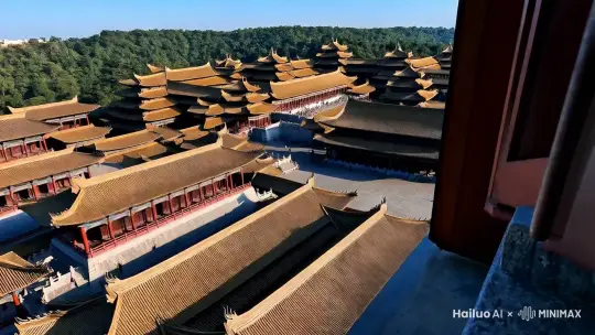 无人机视角，俯拍唐代建筑群，镜头推进到建筑内给古钱币一个特写。 by Hailuo AI Video Generator