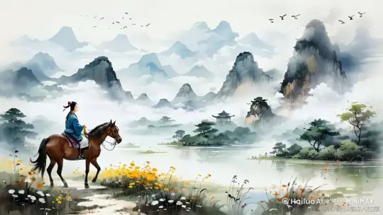 远景，一个书生牵着马在走，2秒后他抬头看天上的大雁，天空有大雁飞过，中国传统风景，云雾被山脉环绕，雾蒙蒙的云，和大量的白色空间，中国传统水墨画，黑白，简单风格，印象主义和超现实主义风格，错综复杂的细节，8k，超高清,电影质感 by Hailuo AI Video Generator