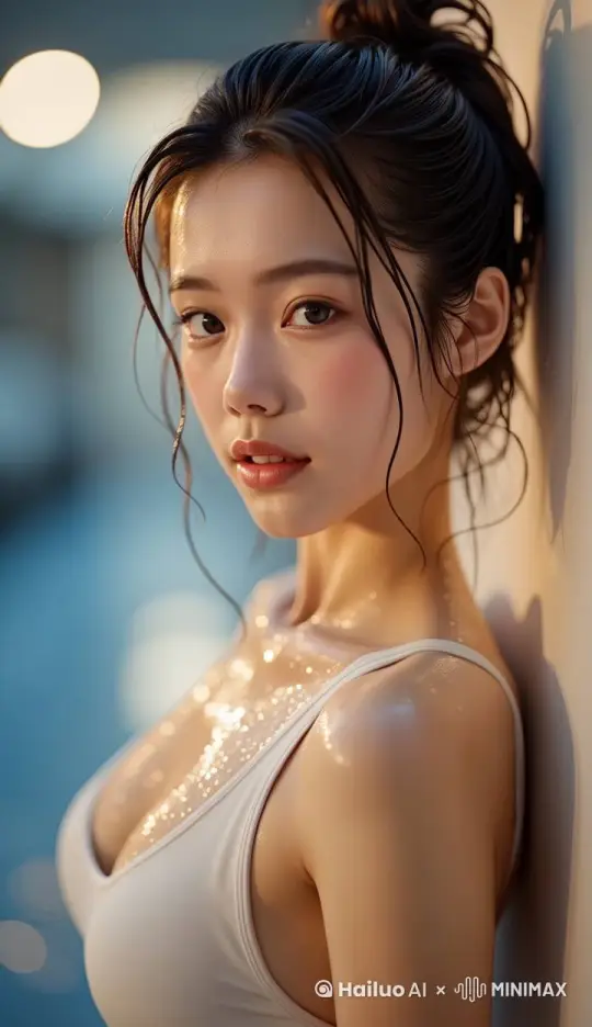 一个全身出汗的美丽女孩，站在墙边，慢慢的转头看向镜头，镜头向左微微移动。女孩的头发是湿的，微微的摆动，女孩轻轻眨眼睛。 by Hailuo AI Video Generator