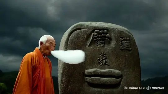 8k高清镜头，真人白发皱纹老道士对着向4米高巨石头喷出白烟，石头爆炸飞散，烟雾缭绕，动作幅度很大.天空乌云密布，昏天暗地 by Hailuo AI Video Generator