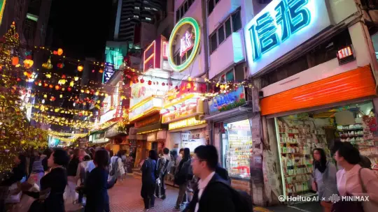 在充满香港特色的街头，热闹非凡，展现出浓厚的圣诞气息。具有香港漫画风格的画面中，霓虹灯牌闪烁，招牌林立。街头巷尾装饰着五彩的圣诞彩灯和精美的圣诞树，人们身着时尚的服装，脸上洋溢着节日的喜悦。以水平运镜快速扫过，展现这充满活力与欢乐的场景。光影效果强烈，色彩鲜艳且对比度高，凸显出香港街头独特的魅力。  by Hailuo AI Video Generator