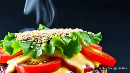 CN：汉堡，汉堡，番茄片，牛肉，奶酪，奶酪酱，生菜，芝麻，食物，产品镜头，特写，电影级光效，干净高反光的黑色背景，烟雾，真实摄影，摄影，最佳质量，最佳画质，UHD， by Hailuo AI Video Generator