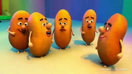   3d动画，3d动漫 。3d anime，  。 a sitcom tv show about potatoes . anime style footage of 5 potatoes having a  争吵 和 对话. cinematic, fastpaced with a lot of shotcuts。    3d动画电影，    by Hailuo AI Video Generator