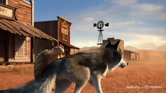 3d anime,A wolf help an armadillo report to a bear sherif that his son is still missing, western old town, dust blowing by Hailuo AI Video Generator