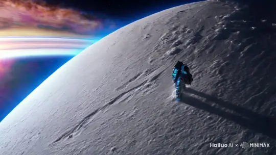 ，宇航员在木星滑雪，雪地，地平线的天空有巨大的土星光环，跟踪镜头，.切换镜头 A cat roars while looking at its reflection in the mirror but instead sees itself as a lion roaring ，  by Hailuo AI Video Generator