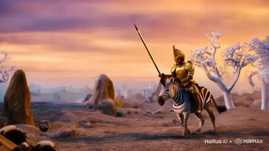 a distant shot zooms in to reveal a knight wearing a golden helmet, he begins to charge on his zebra, lowering his lance, charging towards a clockwork octopus, by Hailuo AI Video Generator