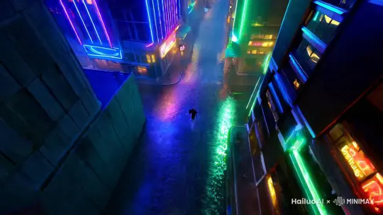 一场戏剧性的高速追逐在夜晚一条狭窄、雨水浸透的小巷中展开。摄像机从高空无人机拍摄开始，捕捉到主体——一个戴着兜帽的人在小巷中奔跑，周围是高耸的霓虹灯照亮的建筑物。摄像机迅速下降，过渡到超平滑的推拉镜头，对准腰部，紧跟在跑步者身后。每一滴雨滴都折射出鲜艳的霓虹色彩，在潮湿的地面上形成万花筒效果。主体向左飞奔，促使摄像机执行一个清晰、流畅的跟踪摇摄，随着每次移动，水花四溅，展现出他们坚定的脸部特写。 当这名男子跳过一个倒下的垃圾桶时，摄像机以慢动作围绕他们无缝旋转 180 度，强调他们的敏捷和紧迫感。该场景以低角度向上倾斜镜头结束，展现了高耸的城市景观和倾盆大雨，而跑步者则消失在阴影中。 by Hailuo AI Video Generator