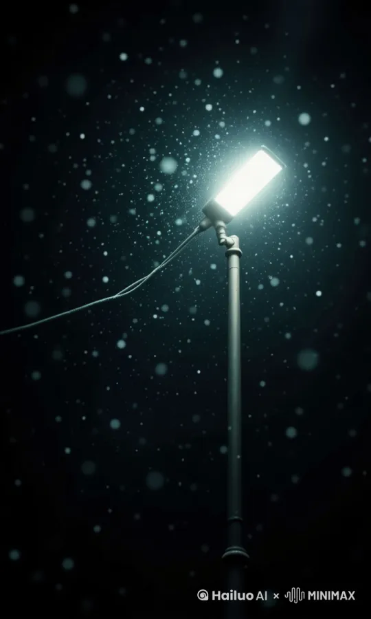 雪夜里的街灯在发光，空中的雪缓缓飘下 by Hailuo AI Video Generator