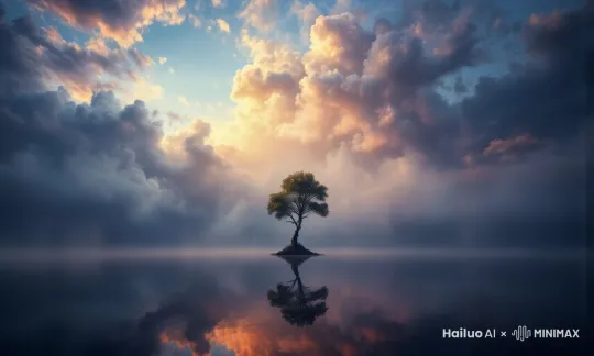 天空中的云缓缓翻涌，下方的湖水被微风吹佛泛起涟漪，涟漪由湖心向外缓缓扩散，湖中心的小树轻轻摇摆 by Hailuo AI Video Generator