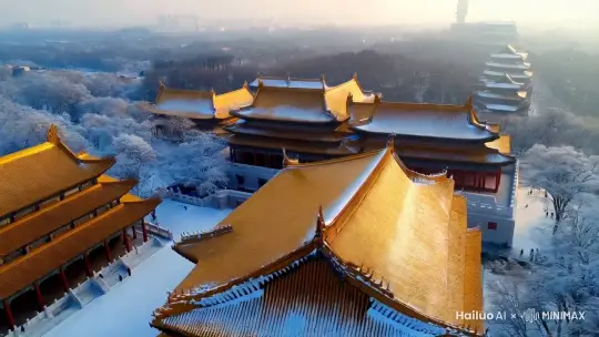 镜头描绘（冬日航拍故宫）+ 主体勾勒细致（故宫宫殿群落，雪覆盖）+ 外观描述细致（金色琉璃瓦，雪花纷飞）+ 人物及镜头运动轨迹（高空俯视视角，缓慢降低拉近）+ 场景构建细节刻画（宫殿群落，冬日宁静，阳光洒落）+ 色彩光影（冬日冷色调，金色琉璃瓦反射阳光）+ 影视剧写真集拍摄画面（宏大壮观的航拍视角）+ 超清真实风景8K高分辨率。 by Hailuo AI Video Generator