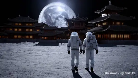 两名宇航员在月球上行走，背景是一片具有中国传统建筑风格的建筑群。 在图片的前景，两名宇航员穿着白色的宇航服，头戴头盔，背对着镜头，正朝着建筑群的方向走去。宇航员的装备上有一些细节，如背包、手套和靴子，显示出他们在月球上的探险状态。 背景中的建筑群充满了中国传统建筑的元素，如飞檐翘角、多层楼阁和木质结构。建筑物的颜色主要是深色调，与月球的灰白色形成鲜明对比。建筑物的窗户透出微弱的灯光，营造出一种神秘而宁静的氛围。 天空中悬挂着一轮巨大的明月，占据了图片的左上角，给整个场景增添了一种梦幻般的感觉。月亮的光辉洒在建筑群和月球表面，使得整个画面显得更加宁静和神秘。 整个场景融合了科幻与传统文化元素，营造出一种独特的视觉效果，仿佛带领观众进入了一个跨越时空的奇幻世界。 by Hailuo AI Video Generator