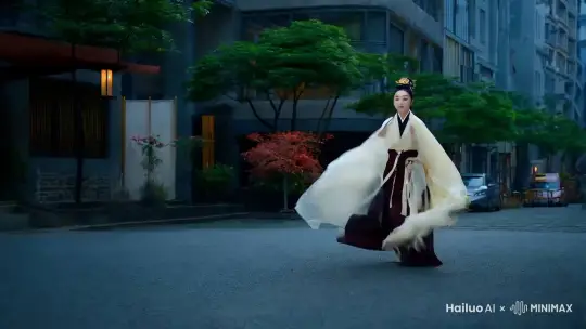 画面以降格拍摄呈现，展现中国古装美女变身白色天鹅的动作，增加紧迫感。画面在一个白天城市展开，焦点是一位披着飘逸斗篷的女子。环境光线昏暗，中国古装美女从远处走向镜头，一边走一边紧紧裹住身上的斗篷，斗篷随着她的步伐轻轻飘动。当斗篷完全包裹住女子时，斗篷突然掉落在地，一只白色天鹅从斗篷内迅速飞出，留下空空如也的斗篷。 by Hailuo AI Video Generator