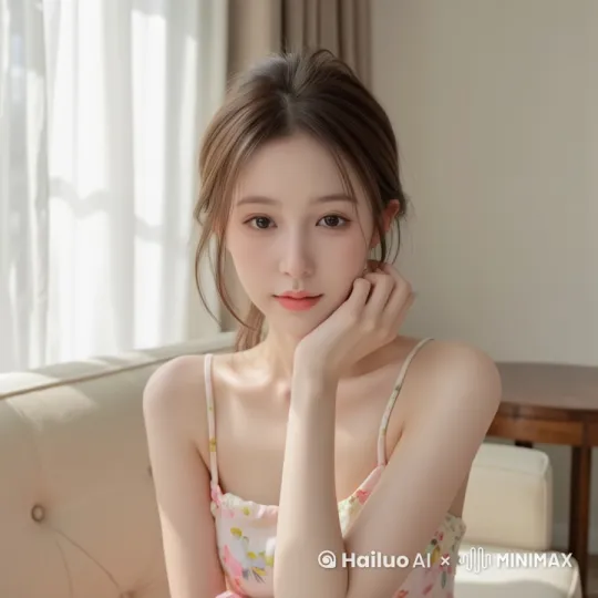 女人微笑，稍微歪头，右眼眨一下，手个招呼并放下 by Hailuo AI Video Generator