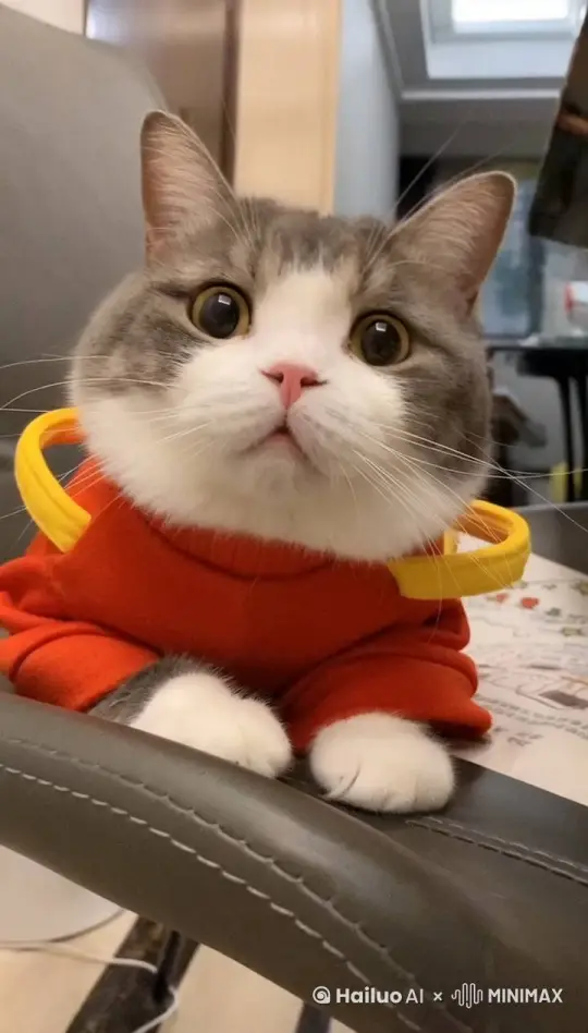 A gray white cat with a pink nose, wearing an orange sweater, sitting on a leather chair, staring at the camera with wide eyes. The background is blurry, but it implies an indoor environment with furniture. Lazily rolling around in a circle by Hailuo AI Video Generator