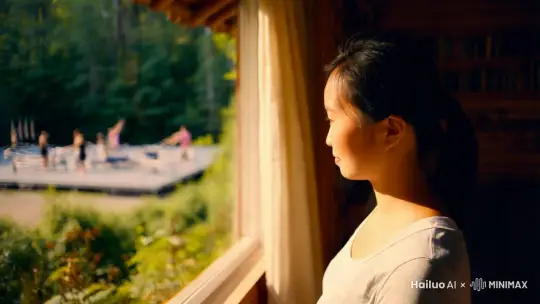 镜头从一个梦幻森林的木屋内开始，随着一位年轻中国瑜伽女老师的视角，镜头穿过森林绿植缠绕的窗户，观察外面的风景。她站在窗前，凝视着外面的瑜伽场馆大空间，镜头随她的目光缓缓推移，捕捉到远处的普拉提核心床正在团体上课，场馆内其他学员围绕着圆桌热闹而充满活力。光线透过窗帘洒在她的脸上，画面充满温暖与宁静感。 by Hailuo AI Video Generator