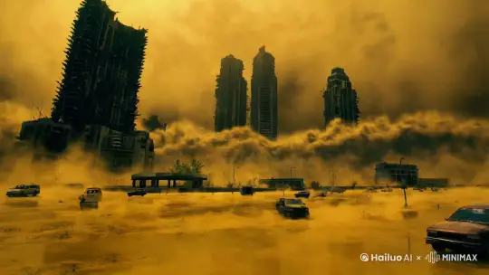 - 景别：全景
- 画面：昏黄的天空下，沙尘如汹涌的潮水般席卷而来，将断壁残垣的城市逐渐吞噬。破败的高楼似摇摇欲坠的巨兽，在狂风的肆虐中发出痛苦的“呜咽”。街道上废弃的车辆七零八落，被黄沙掩埋大半，整个城市宛如一座死寂的废墟，绝望的气息弥漫在每一个角落。 by Hailuo AI Video Generator