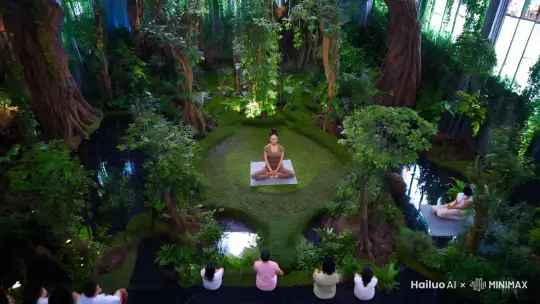 森林梦幻般的装修风格，像沉浸在森林里的广阔空间，一位身材比例很好的中国瑜伽女老师，长得很像模特，皮肤白，发型是公主丸子头，全身瑜伽服，在瑜伽课堂上和学员欢乐交谈。 by Hailuo AI Video Generator