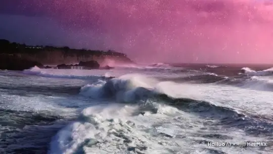 白的海洋波涛汹涌，天空下起粉红色的大雪 by Hailuo AI Video Generator