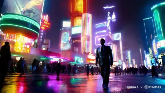 一个中产阶级往上的男子 行走在繁华 人来人往的赛博朋克的街道上（夜之城）（赛博朋克街道类似于赛博朋克2077游戏中的一样）穿着荒坂公司的衣服 by Hailuo AI Video Generator