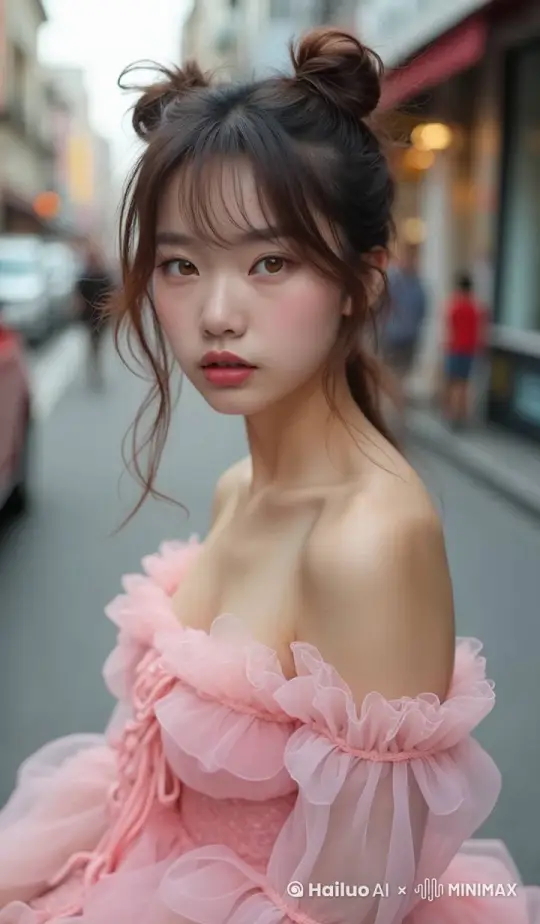 固定镜头拍摄，女孩看着镜头缓缓后退，当露出整个身体的时候，双手提一下裙子，然后跳起舞来，背景上的人物好像静止一样 by Hailuo AI Video Generator