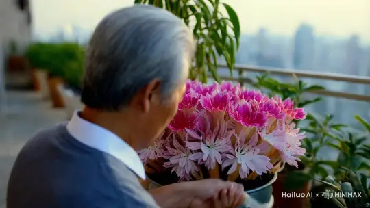 一个亚洲中年男人白头发，背面对镜头，在阳台给花浇水，窗外一盆粉白色的酢酱草这盆花仿若被施了魔法一般，花朵层层叠叠，挨挨挤挤地簇拥在一起，形成了一片绚烂夺目的花海。每一朵花都尽情舒展着自己的花瓣，或娇艳欲滴，或清新淡雅，它们相互交织、缠绕，几乎将整个花盆的空间都填满。那繁茂的程度，令人惊叹不已，以至于目光所及之处，皆是繁花盛景，一片叶都没有，，仿佛这盆花的世界里，唯有花朵才是唯一的主角，肆意绽放着生命的华章。 by Hailuo AI Video Generator