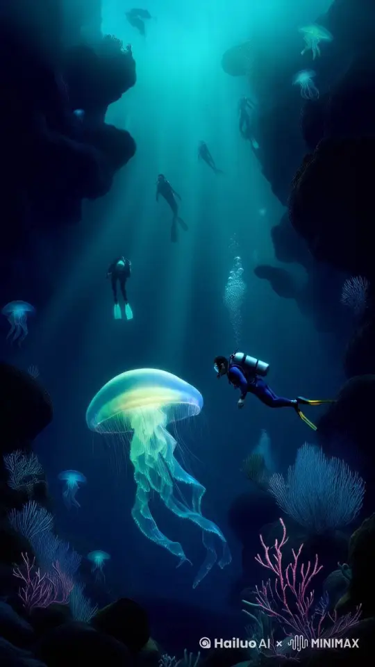 画面主体：在一片幽暗深邃的海底，古老的废墟静静矗立，残垣断壁上布满海藻和贝类。突然，几个身着先进潜水装备的潜水员闯入这个神秘的场景。
画面风格：神秘探险风格，渲染出海底废墟的神秘氛围和探险的紧张感。
色彩搭配：以深蓝色、墨绿色为主色调，潜水员的装备带有明亮的黄色或橙色警示标识。
光影效果：微弱的光线从潜水员的头灯射出，在废墟中形成朦胧的光影，偶尔有远处海洋生物发出的点点荧光。
背景元素：废墟周围游动着形态各异的海洋生物，如巨大的鱼群、缓慢爬行的螃蟹。远处是无尽的黑暗，仿佛隐藏着未知的危险。  by Hailuo AI Video Generator