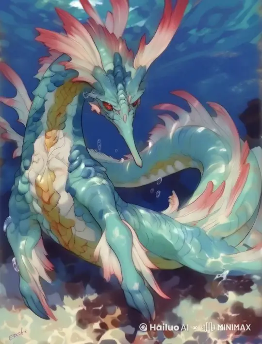 神奇生物摆动尾部，看向镜头，周围的水中不断有气泡上升 by Hailuo AI Video Generator