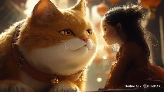 女孩抬头看着猫，充满信任和爱意，而猫则轻轻低下头，触摸女孩的额头 by Hailuo AI Video Generator