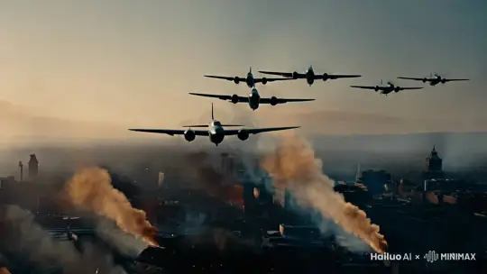 近景镜头，一群轰炸机在城市上空飞行，下面的城市遭到轰炸 by Hailuo AI Video Generator