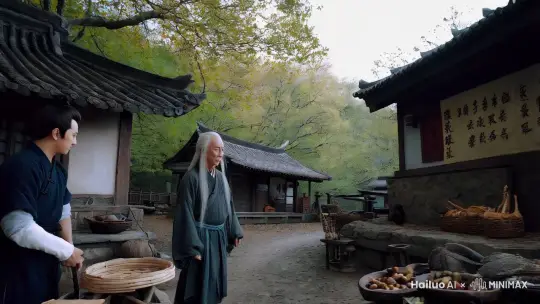 苏逸决定在青云镇暂居下来，了解这个世界的规则和文化。他在客栈中做些杂活，换取食宿。闲暇之余，他便四处打听江湖之事，希望能找到一条属于自己的道路。
一日，苏逸在镇外的树林中遇到了一位老者。老者白发苍苍，目光深邃，身着一袭长袍，颇有几分仙风道骨。老者见苏逸气质不凡，便与他交谈起来。交谈中，苏逸得知老者乃是一位江湖隐士，对武功和江湖之事了如指掌。
老者看出苏逸对江湖充满了向往，便决定指点他一番。老者告诉苏逸，天玄大陆上武功分为多个境界，从低到高分别是武者、武师、武宗、武王、武皇、武帝等。每个境界又分为初期、中期、后期和巅峰四个阶段。要想在江湖中立足，必须不断提升自己的武功境界。
老者还传授了苏逸一些基本的武功招式和修炼方法。苏逸感激涕零，拜老者为师。从此，他便在老者的指导下，刻苦修炼武功。
经过一段时间的修炼，苏逸的武功有了很大的进步。他决定离开青云镇，踏入江湖，寻找自己的机遇。 by Hailuo AI Video Generator