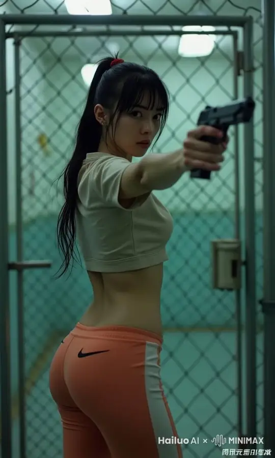 连续射出两颗子弹，一脚踹开铁门，飞快的逃走，好莱坞枪战电影风格 by Hailuo AI Video Generator