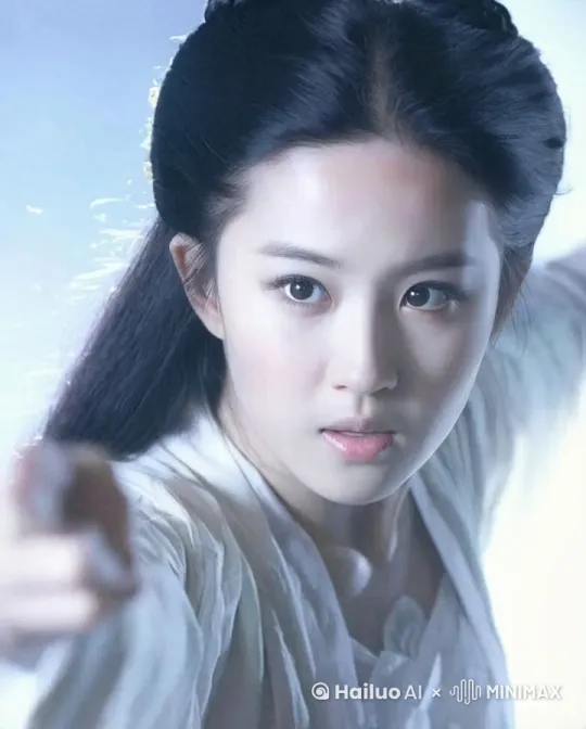 图中的人物身着古装，摆出了武侠动作，仿佛正在进行一场打斗，特写镜头突出了她的动作和表情，让人能清晰地感受到她的专注和投入 by Hailuo AI Video Generator