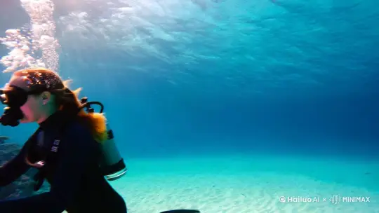 [镜头1：0-1秒]
画面开启于一片深蓝色的海洋之中，阳光透过水面，形成一道道光束照射在海底的沙地上。一位美女研究员（主角）穿着紧身的潜水服，佩戴着高科技的水下呼吸装置，她的眼神充满好奇和专注，手中拿着一个数据记录板，正在记录海底的生态环境。 [镜头2：1-2秒]
美女研究员的身边，一个先进的水下机器人（辅助角色）在灵活地移动，它的外壳闪烁着金属光泽，多个机械臂正在采集海底样本。机器人的LED灯照亮了周围的珊瑚礁，展现出五彩斑斓的海底世界。 [镜头3：2-3秒]
研究员轻轻触摸一个色彩斑斓的珊瑚，仔细观察其纹理和生长状况。水下机器人则伸出采样器，小心翼翼地从珊瑚上刮取样本，同时释放出一串气泡，为画面增添了动态元素。 [镜头4：3-4秒]
画面转向研究员的脸部特写，她的眼睛透过面罩闪烁着对海洋生物的热爱和对未知的渴望。她的手指轻触面罩，似乎在调整视角，以便更清晰地观察周围的海底生物。 [镜头5：4-5秒]
最后一幕，研究员和水下机器人一同游向一个神秘的海底洞穴，洞穴入口被海藻和珊瑚覆盖，显得神秘莫测。研究员回头望向镜头，露出一个充满期待的微笑，然后和机器人一同消失在洞穴的阴影中，画面渐渐变暗，视频结束。 这个场景描述旨在展现海底探险的神秘和美丽，同时突出美女研究员和水下机器人之间的协作关系，适合5秒的视频长度，为文本转图像编码器提供了丰富的视觉和叙事元素 by Hailuo AI Video Generator