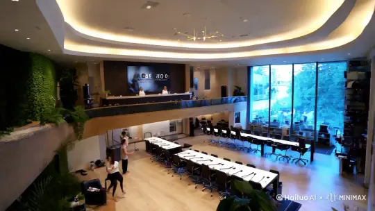 镜头慢慢旋转而下，半空中开始推向沙龙大会议室，室内3层楼2000平方米瑜伽馆，各个位置都有人，超现代时尚和绿植融入一体而温馨的装修风格，一楼地面全是普拉提器械 和 8米宽大前台，二楼很多个沙龙活动正在进行，三楼很多个拍摄棚，摄影师正在拍摄和补光。 by Hailuo AI Video Generator