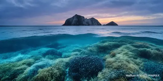 镜头一半在海面上一半在海面下，海面上波涛汹涌 by Hailuo AI Video Generator