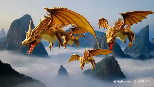 五条龙在云雾缭绕的山间盘旋的场景。每条龙都拥有鲜明的金色鳞片，尖锐的角和长长的胡须，表情凶猛，张开血盆大口，露出锋利的牙齿。它们似乎在空中飞翔，彼此之间保持着一定的距离，但又相互呼应，构成了一幅动态而和谐的画面。
背景是连绵起伏的山峰和层层叠叠的云海，给人一种神秘莫测的感觉。整个场景充满了神话色彩，让人联想到东方文化中的龙的形象，象征着力量与尊贵。 by Hailuo AI Video Generator