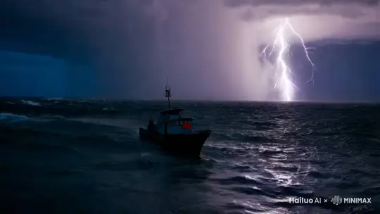 闪电，大雨，大海，小船 by Hailuo AI Video Generator