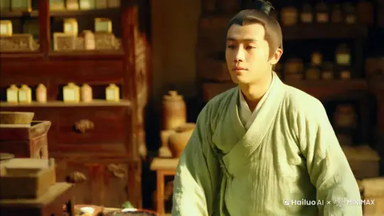 "电影质感画面，固定镜头起始，场景为传统中式药铺。许仙，清秀帅气，五官柔和但立体，身穿淡绿色长衫，袖口挽起，动作从容自然。镜头从中景推至近景，背景为模糊处理的木质药柜和药台，许仙低头调配药材，用药匙抓取药粉，精准倒入小药碗。光源为窗口斜射的柔和暖光，焦点集中在许仙的手部细节和专注的面部表情。侧面镜头切换，捕捉他低头工作的姿态，长衫随动作轻微摆动。画面整体以暖黄色和淡绿色为主，光影过渡柔和但层次分明，凸显药铺的生活气息与许仙的细腻形象。最后镜头拉远，显示许仙完整站姿，他抬头略微看向窗外，呈现一种朴素而专注的动态场景。" by Hailuo AI Video Generator