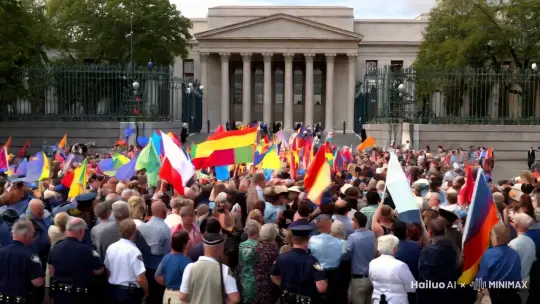 Citizens waved flags of various colors and gathered outside the gate of the city government building, while police communicated with citizens outside the building by Hailuo AI Video Generator