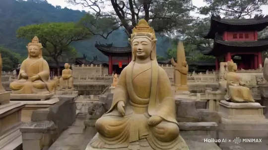 利用AI图像修复技术，复原射阳历史古迹（如后羿射日传说相关的雕塑或遗址），配以古风音乐。 by Hailuo AI Video Generator