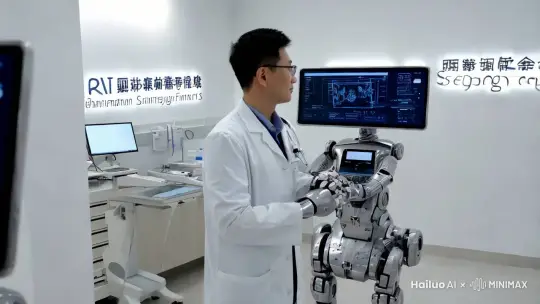 特写镜头，AI机器人在医疗领域的应用，如辅助诊断、远程医疗咨询，展现射阳在医疗科技上的进步。 by Hailuo AI Video Generator