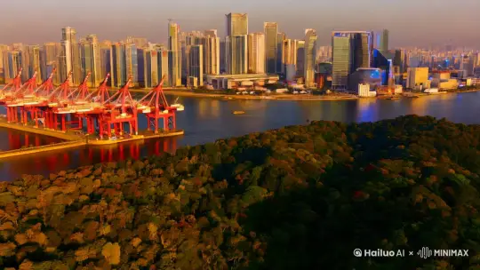 射阳城市的标志性建筑和自然风光，如射阳港、丹顶鹤自然保护区等，阳光洒在城市上，展现城市的生机与活力。画面逐渐虚化，出现 “射阳 ——AI 创意之城” 的字样，随后字样化作光芒融入城市之中。 by Hailuo AI Video Generator