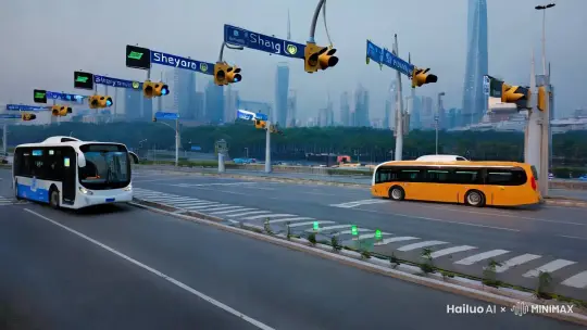 中景，射阳的城市街道上，智能交通系统有条不紊地运行着。交通信号灯根据车流量自动调整时间，无人驾驶的公交车平稳地行驶在道路上，车内乘客们轻松自在。路边的电子显示屏上，实时展示着城市的交通状况和各类生活信息。 by Hailuo AI Video Generator