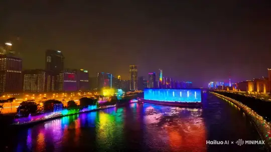 远景，夜幕降临，射阳的城市灯火辉煌，射阳河两岸的灯光秀闪耀着绚丽的色彩，交织成各种奇幻的图案，其中不乏 AI 元素的展示。城市上空，无人机组成的编队排列出 “射阳欢迎您” 的字样，随后变换成各种代表射阳发展成就的图案，如丹顶鹤飞翔、港口繁荣等。 by Hailuo AI Video Generator