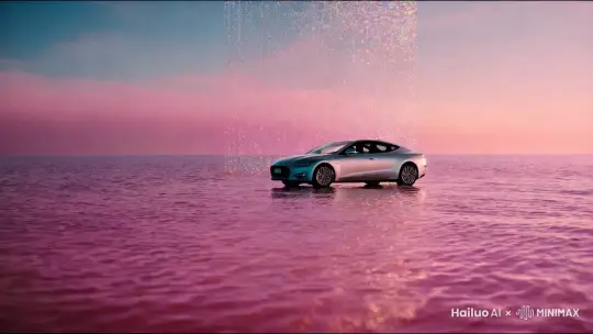 一辆银色的车在粉色的海面漂浮，天空掉落泡泡 by Hailuo AI Video Generator