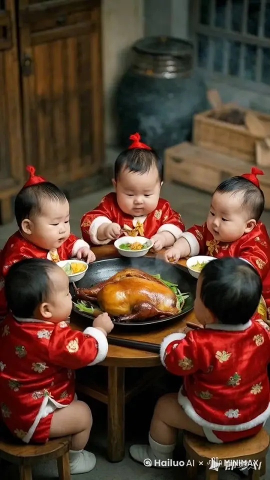 桌子上的鸭子动起来、生长羽毛、长翅膀、站起来、长开翅膀飞走、吃饭的宝宝都惊呆了、宝宝们跳起来追捉鸭子、人脸不变形 by Hailuo AI Video Generator