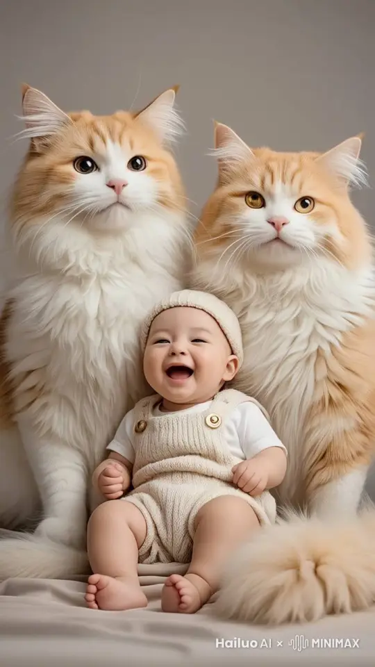 让画面动起来，婴儿在开心的笑。猫猫也是开心的笑 by Hailuo AI Video Generator